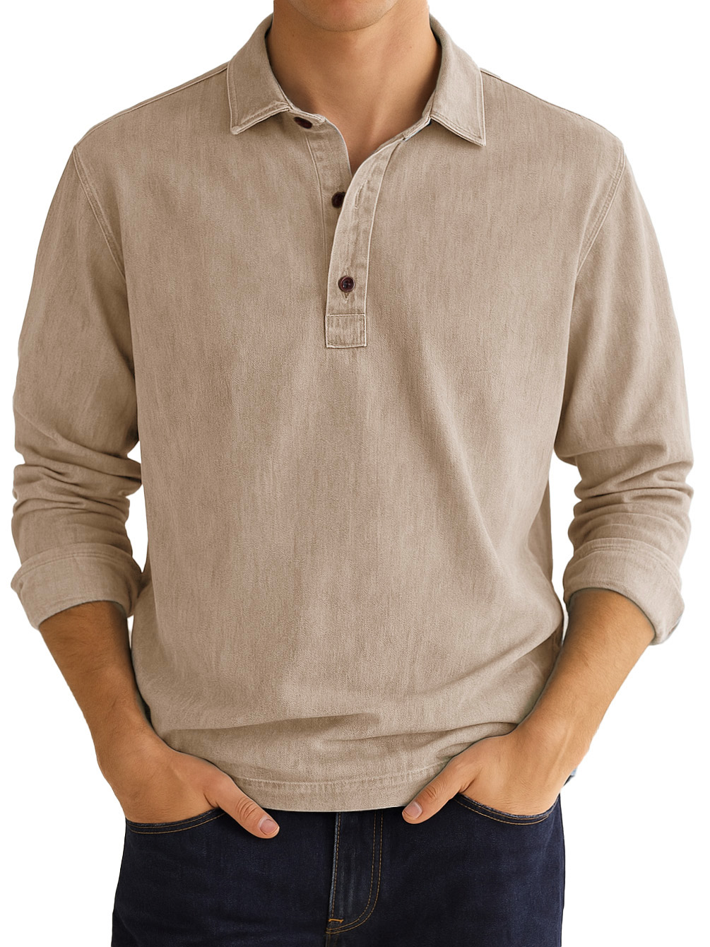  Men's Stylish Vintage Distressed Lapel Long-sleeved Polo Shirt