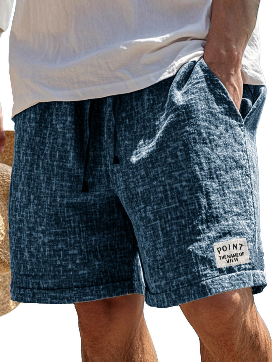 Men's Fashion Casual Hemp Fabric Pocket Embroidered Logo Shorts 