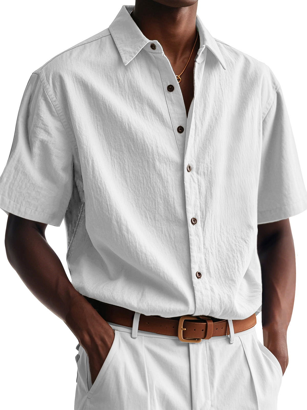 Men's Fashion Casual Pleated Fabric Short Sleeve Lapel Shirt