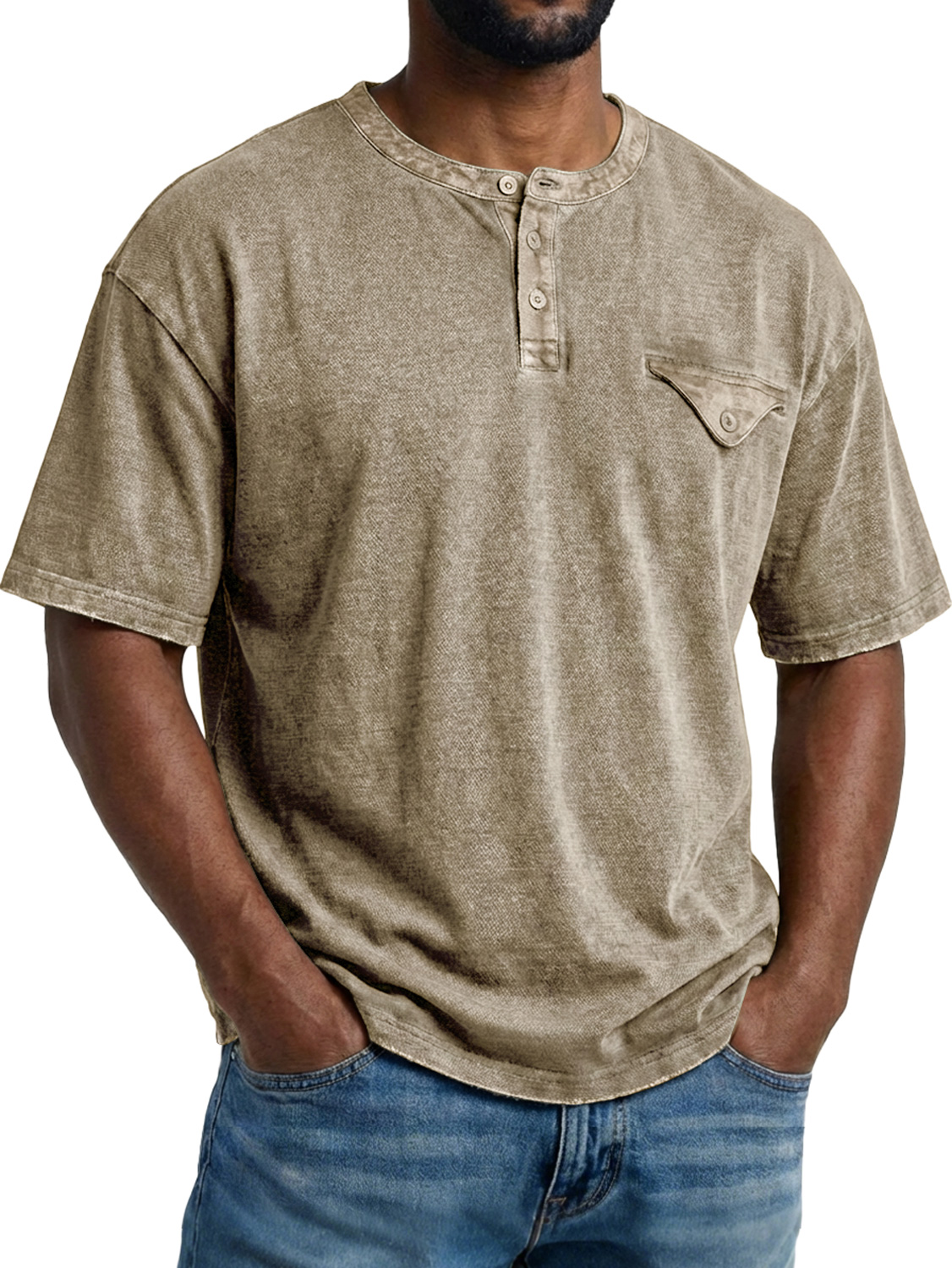 Men's Retro Pocket Design Casual Short-Sleeve Henley Shirt