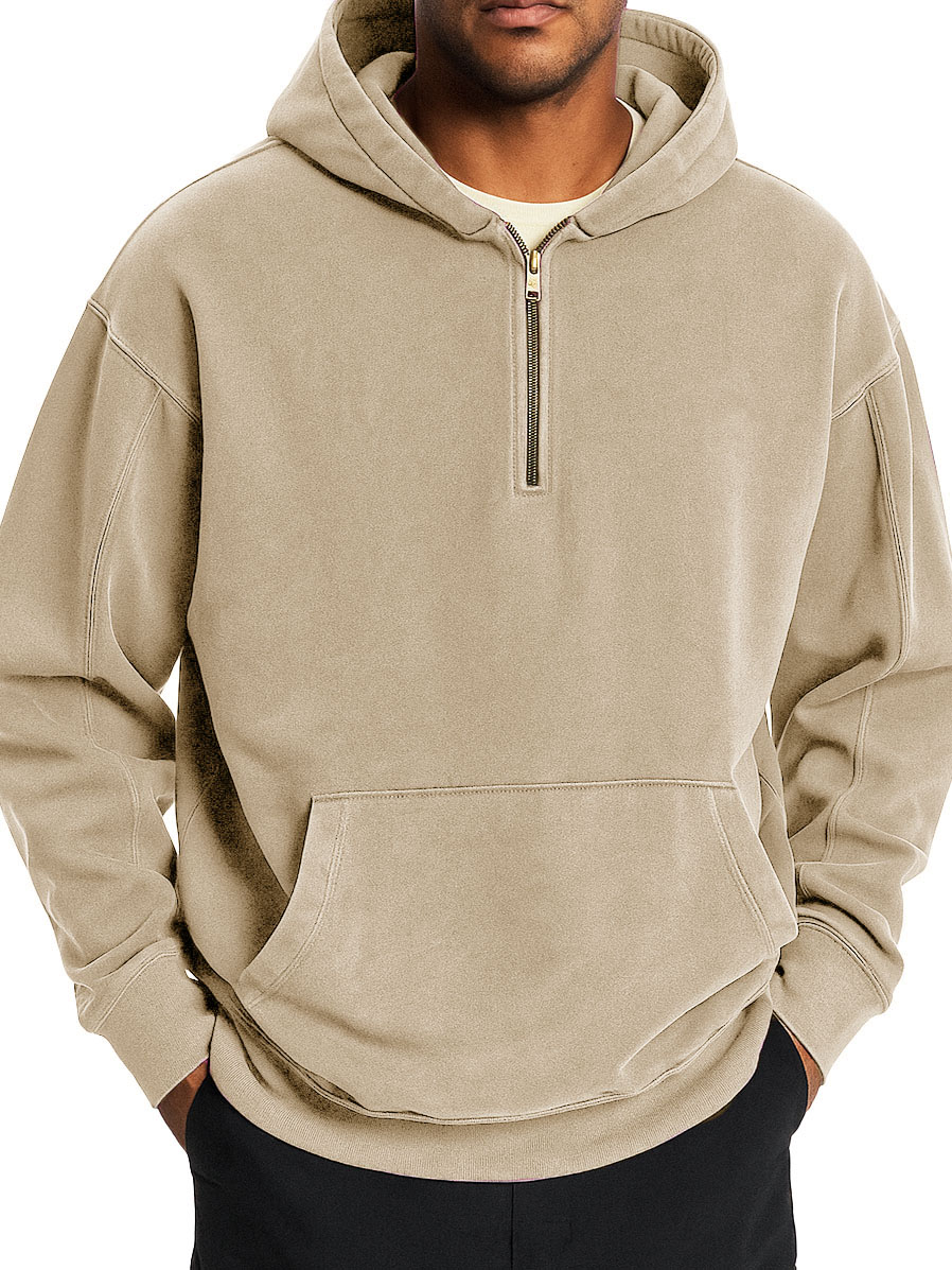  Men's Stylish Retro Distressed Half-zip Pocket Hooded Sweatshirt 