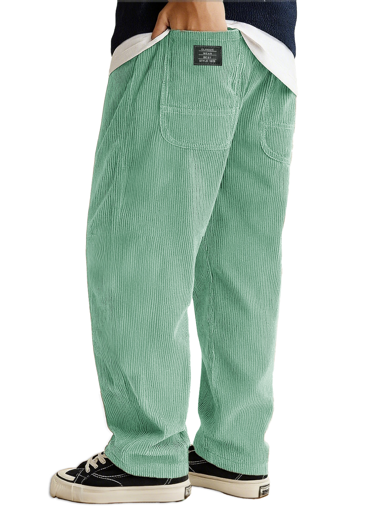 Men's Stylish Everyday Corduroy Ribbed Fabric Pants With Loose-fitting Drawstring Waist And Embroidered Logo