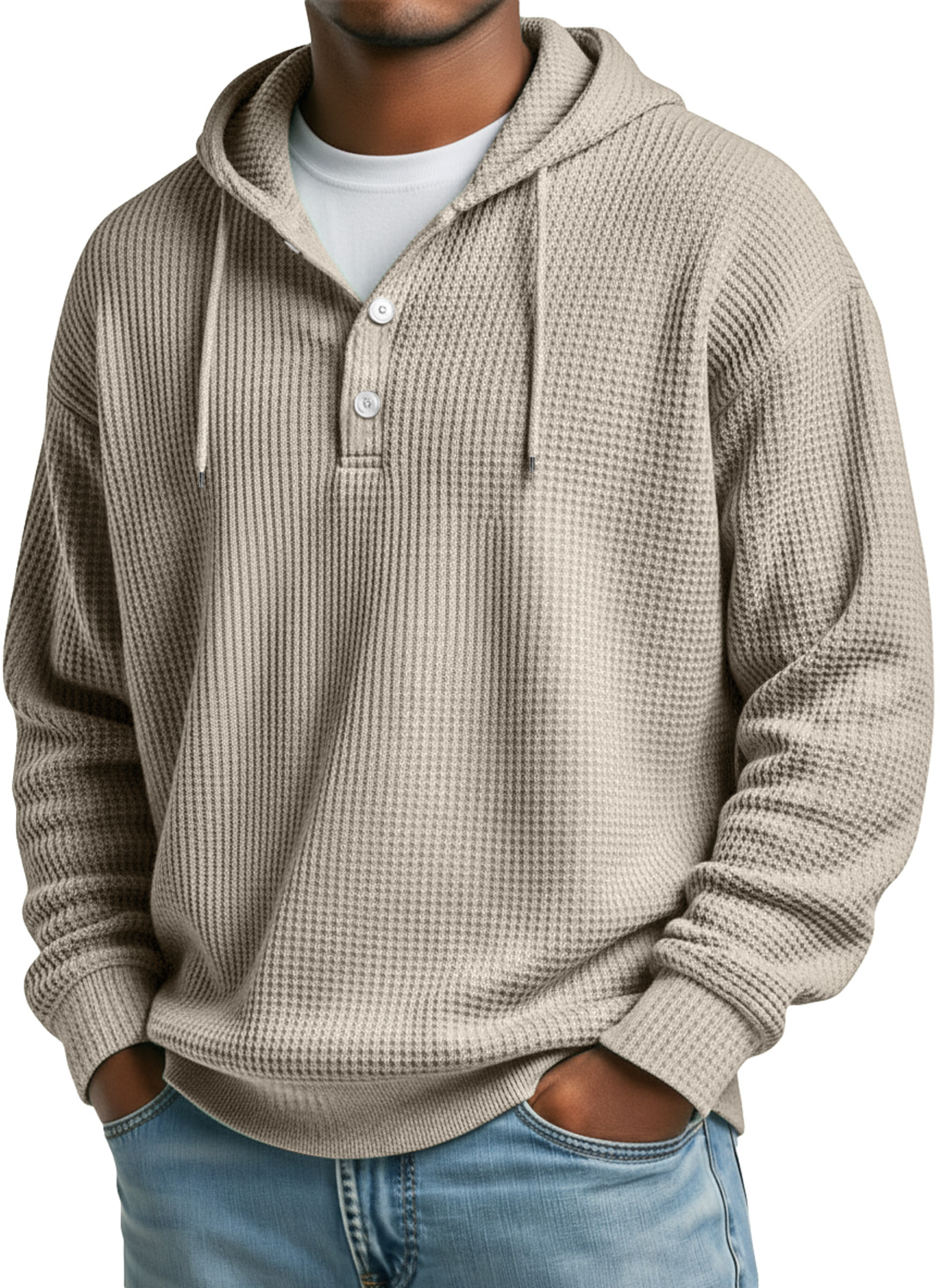 Men's Waffle Casual Hooded Button Loose Sweatshirt