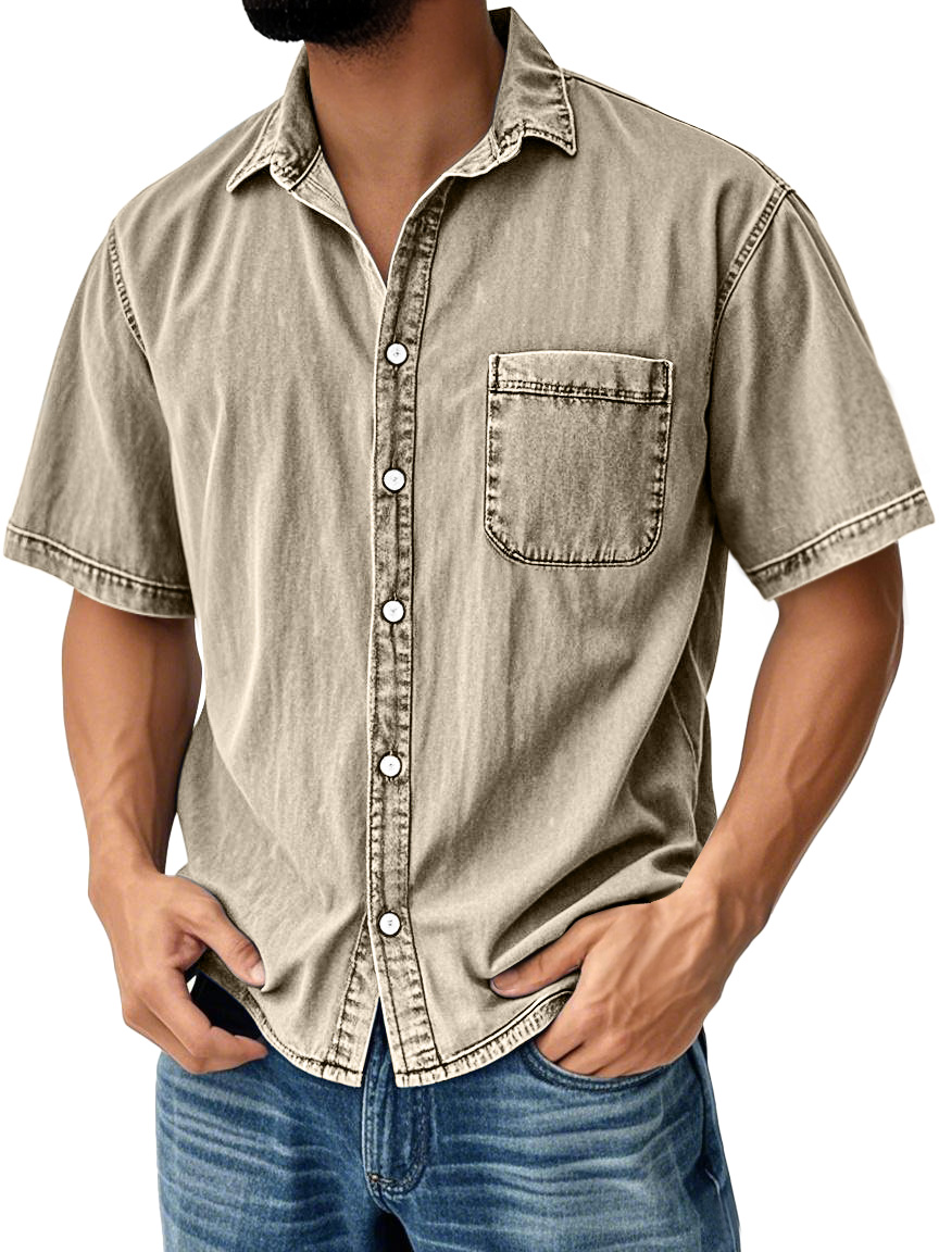 Men's Retro Casual Lapel Pocket Solid Color Short Sleeve Shirt