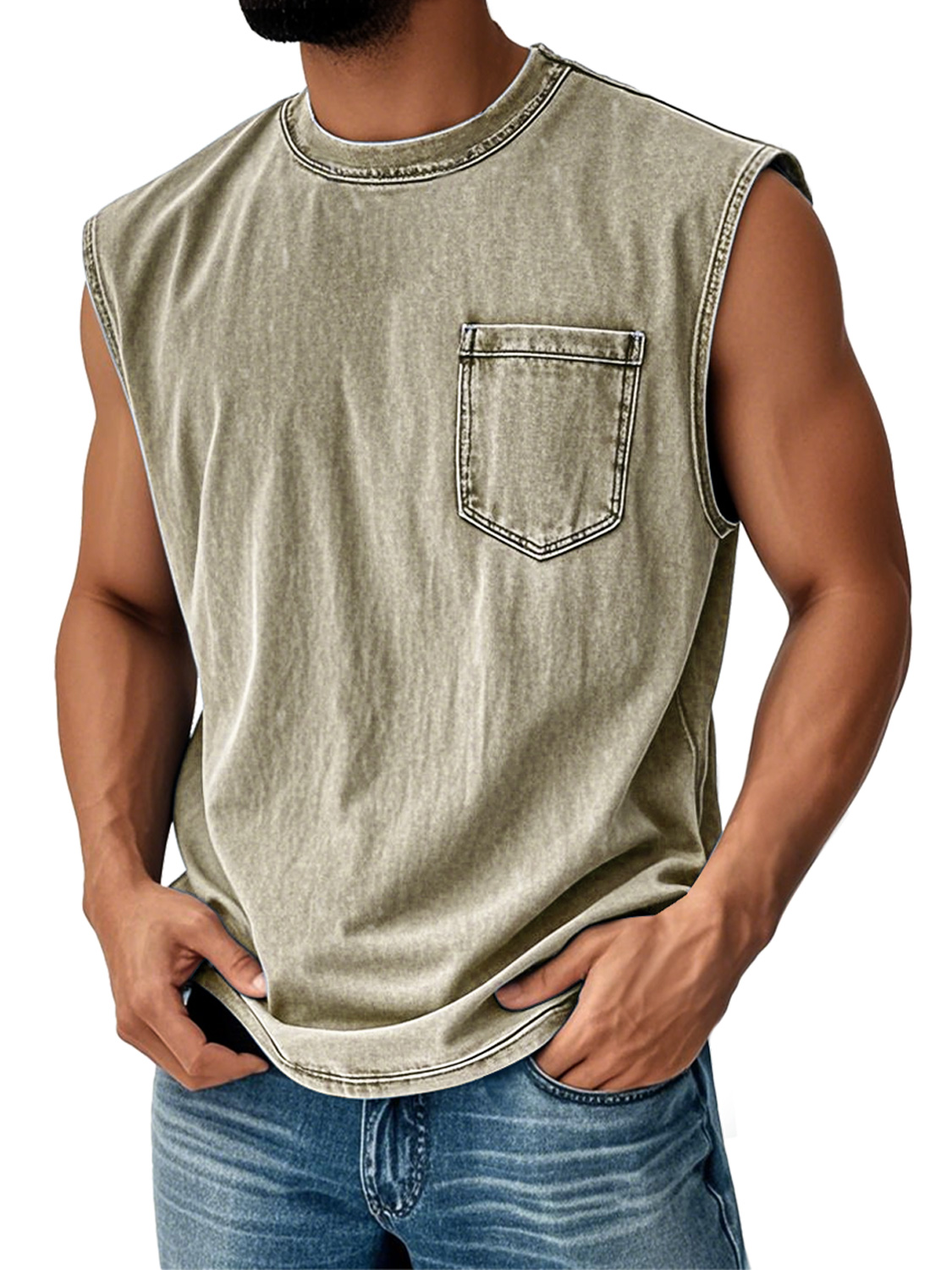Men's Vintage Distressed Casual Round Neck Pocket Solid Color Sleeveless Vest