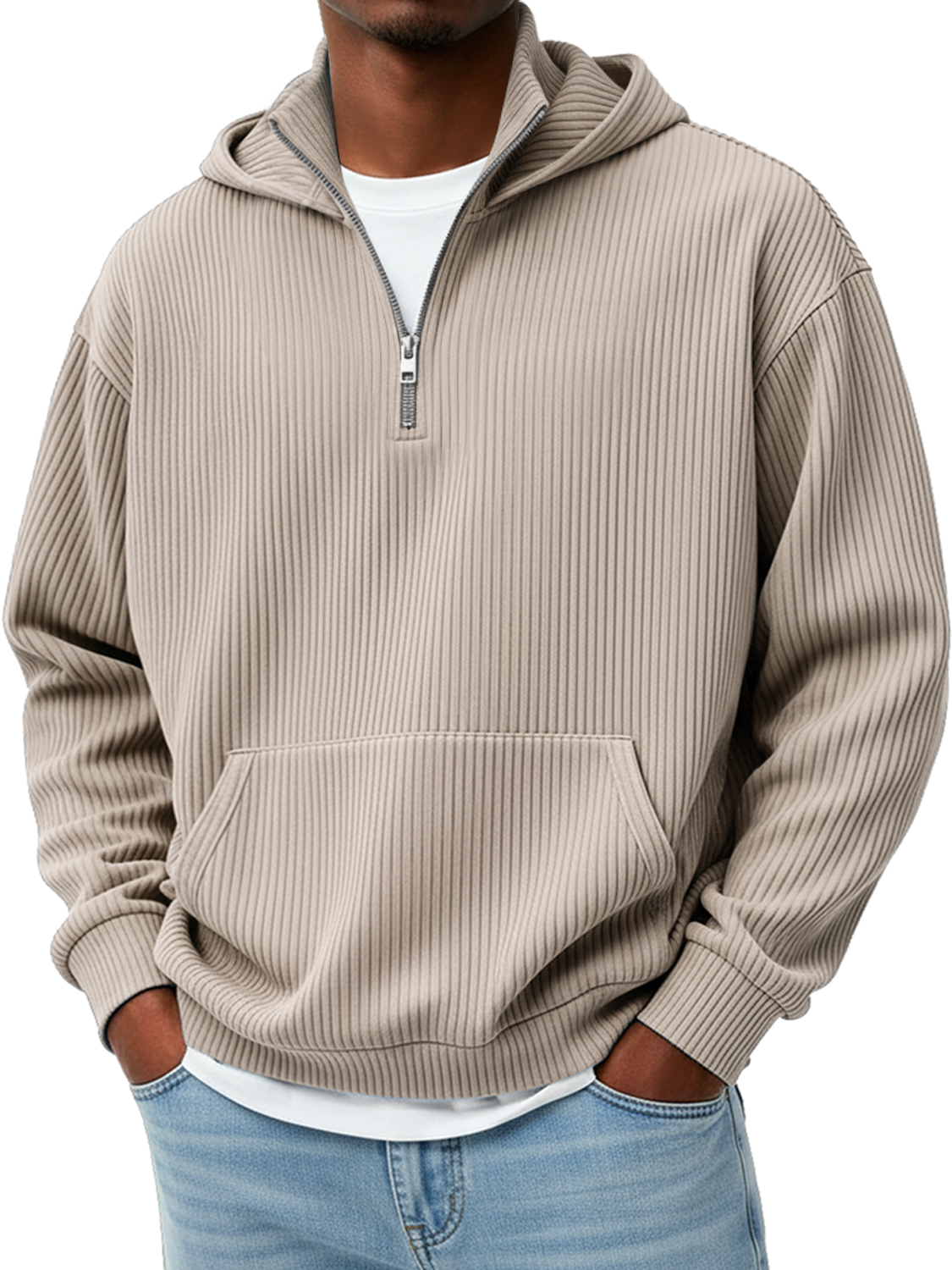 Men's Pit Stripe Stand Collar Zipper Casual Loose Hooded Sweatshirt