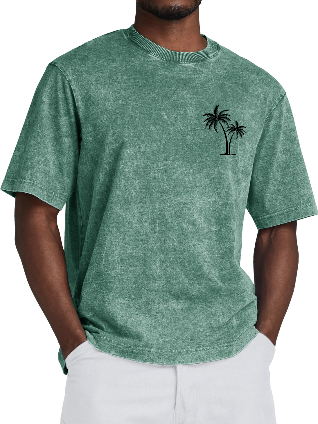 Men's 100% Cotton Retro Washed Coconut Tree Print Crew Neck Short Sleeve T-Shirt