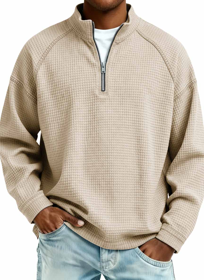 Men's Fashion Waffle Fabric Raglan Stand Collar Zipper Sweatshirt