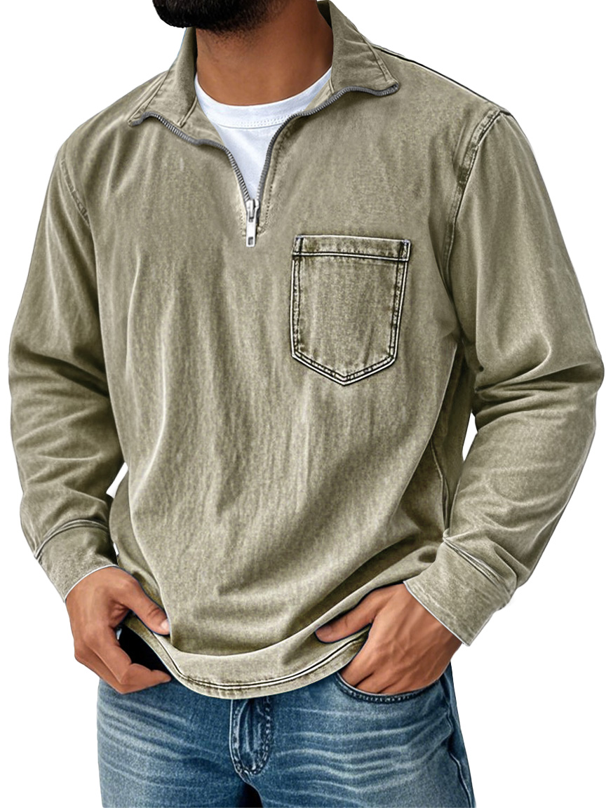 Men's Retro Casual Stand Up Collar Zipper Pocket Distressed Long Sleeved T-shirt