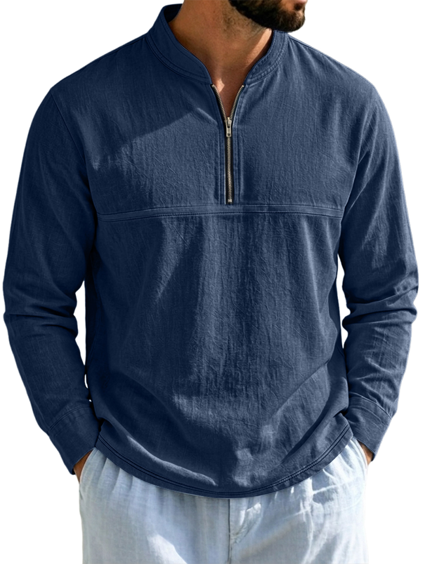 Men's Linen Stand-Collar Zip-Front Casual Long-Sleeve T-Shirt
