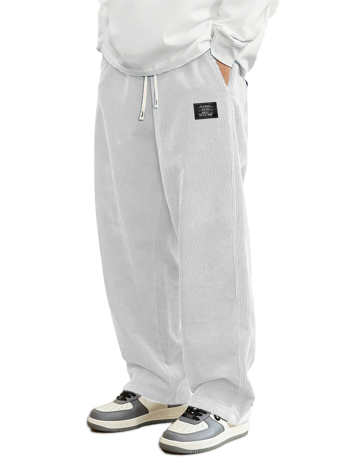 Men's Daily Casual Pit Strip Corduroy Fabric Embroidery Logo Tether Loose Elastic Waist Pocket Pants