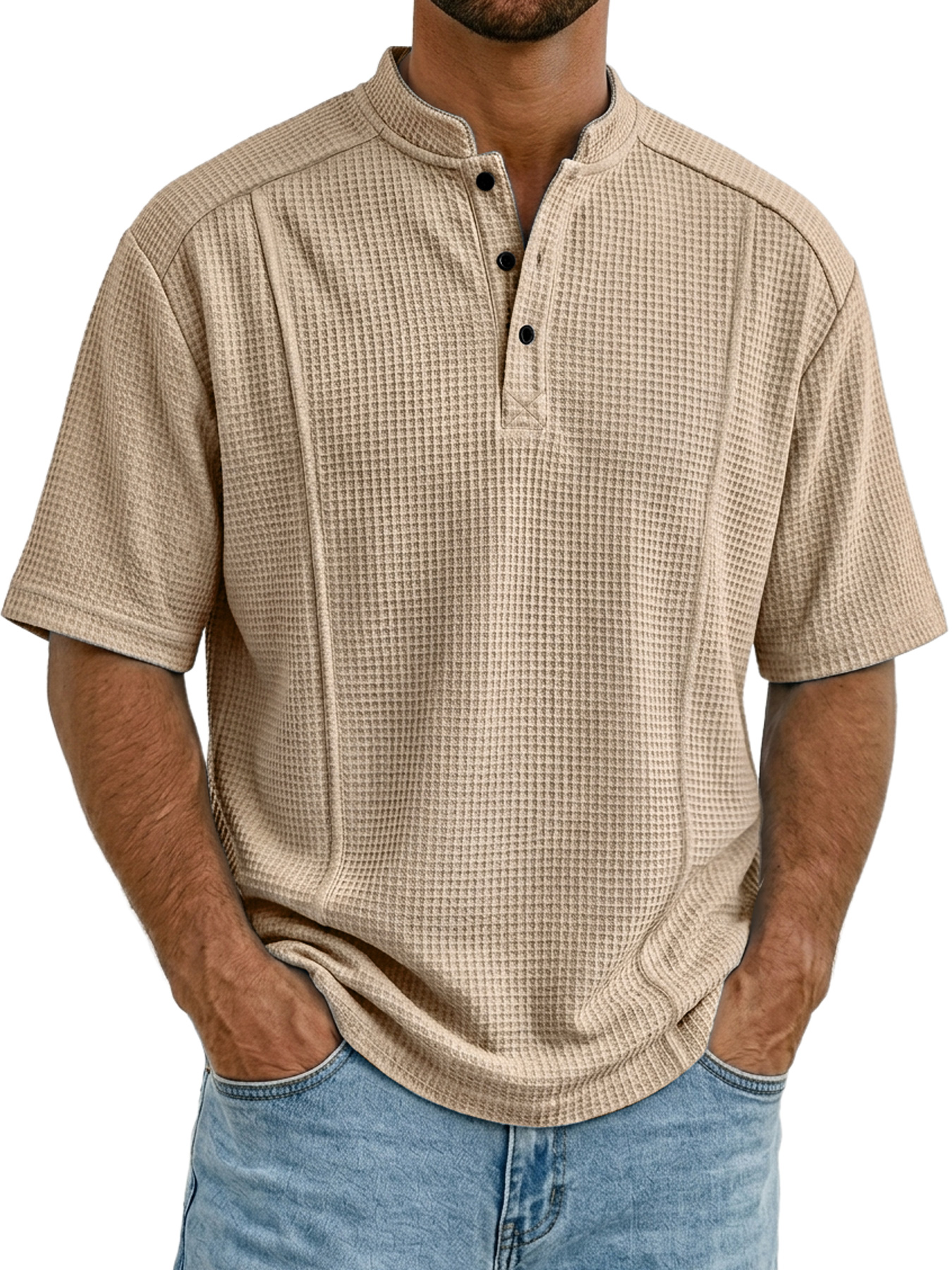 Men's Waffle Collar Button Deconstructed Casual Short-Sleeve Henley Shirt