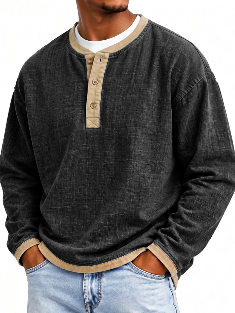 Men's Fashionable Patchwork Linen Fabric Long-sleeved Henley Shirt
