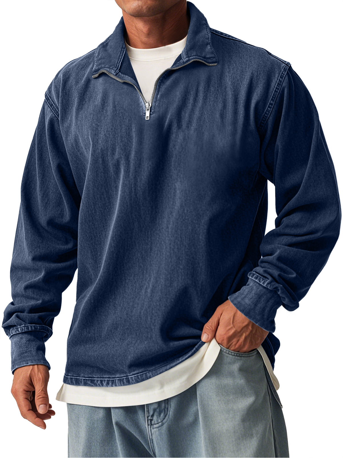 Men's Retro Casual Stand Collar Zipper Long Sleeve T-Shirt