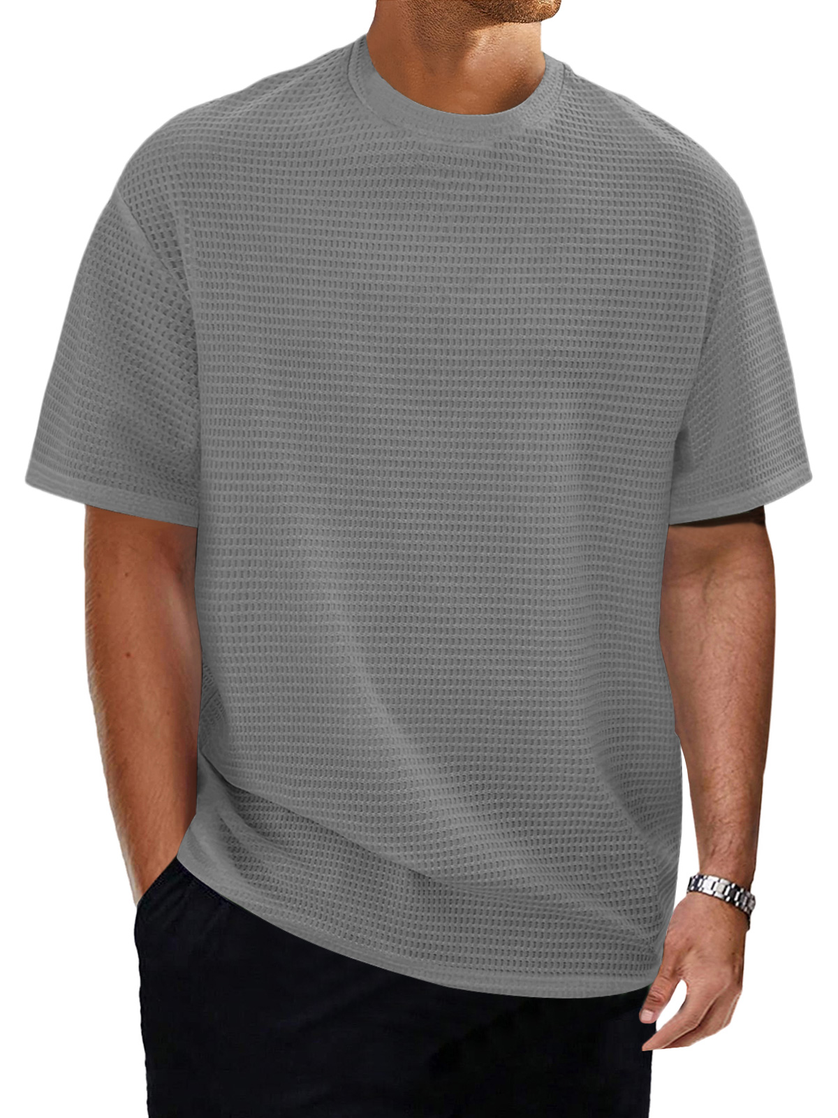 Men's casual round neck waffle texture solid color short-sleeved T-shirt
