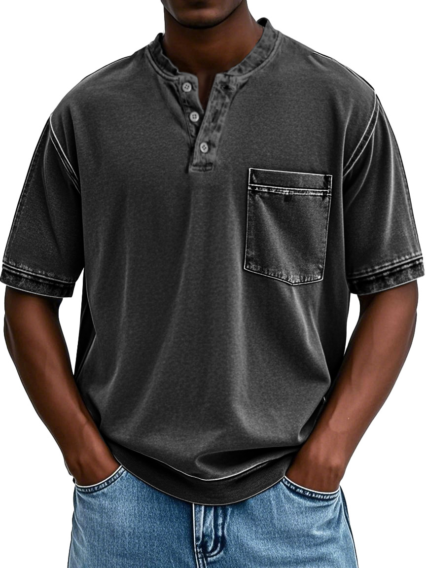 Men's Fashion Retro Round Neck Pocket Short Sleeve Henley Shirt