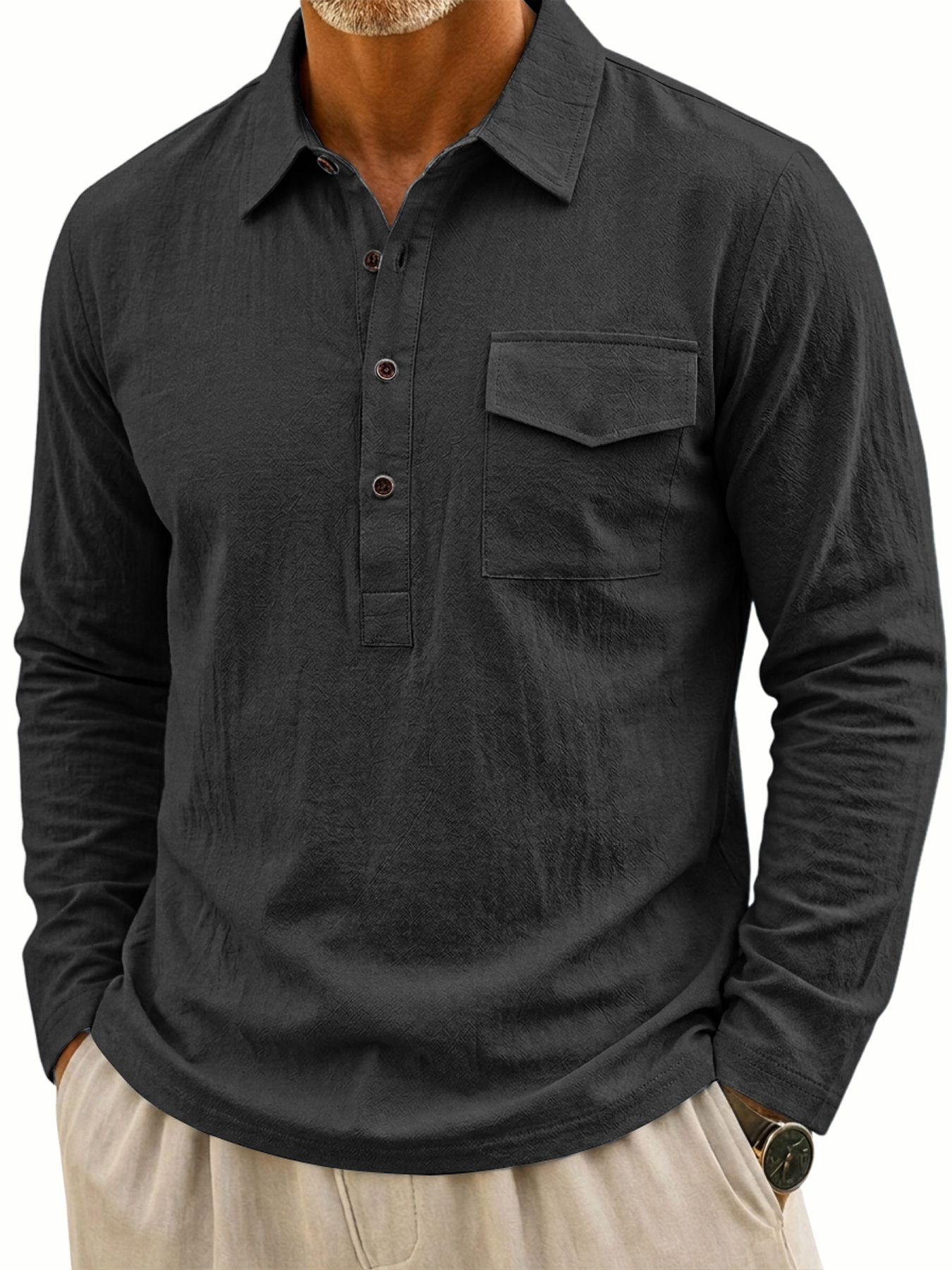 Men's Casual Long-Sleeve Linen Polo Shirt with Flap Pockets