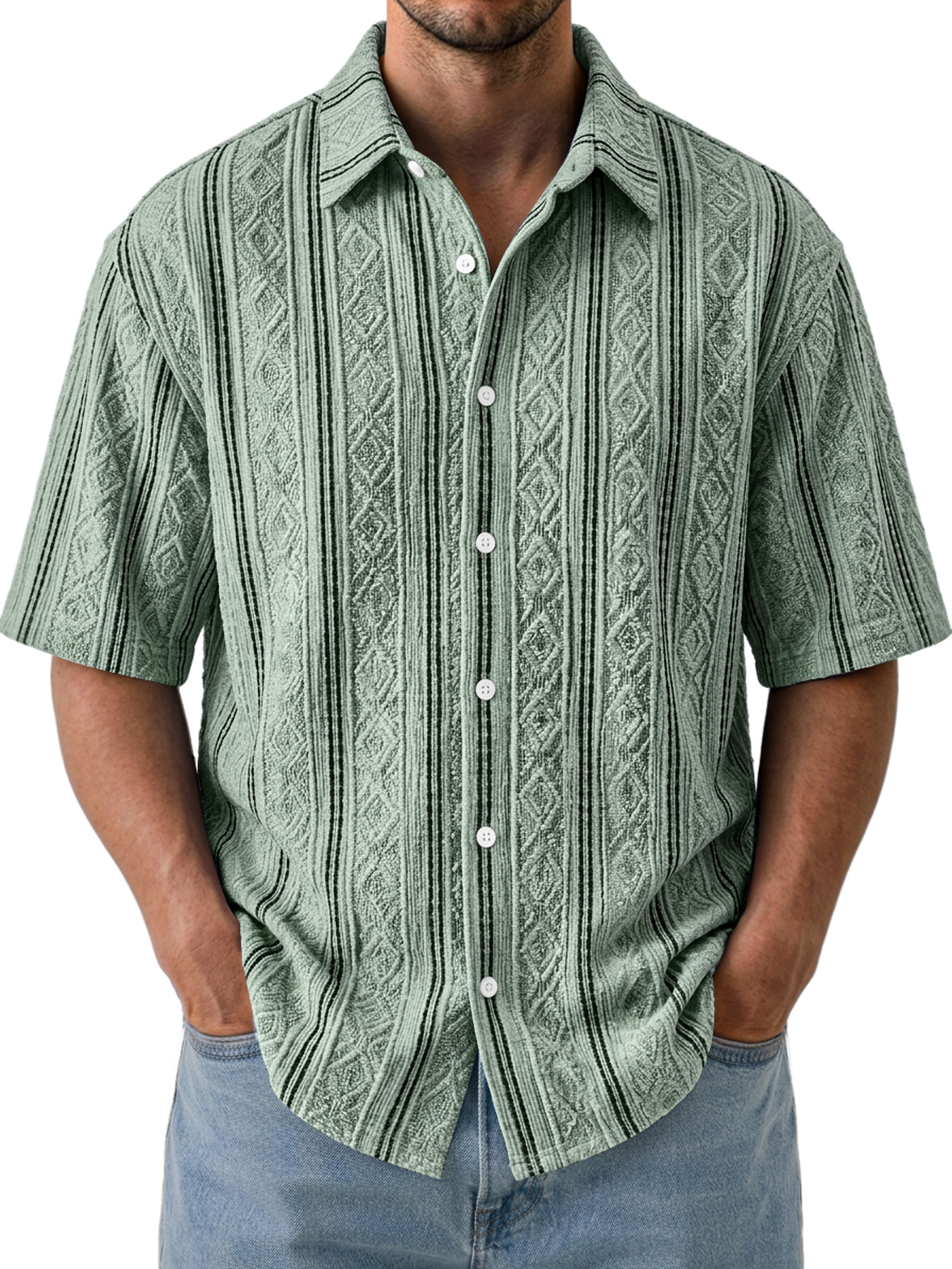 Men's Casual Textured Breathable Collared Short-Sleeve Shirt
