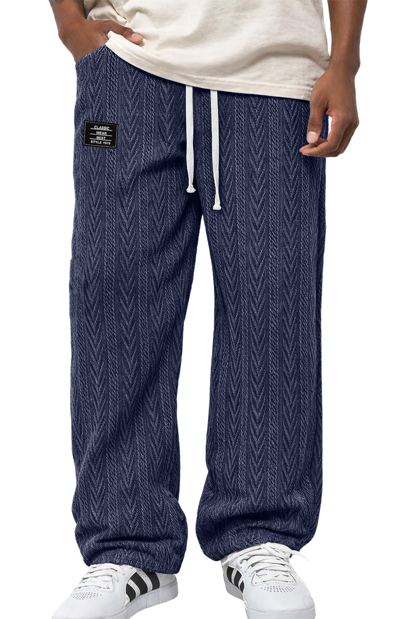 Men's Casual Jacquard Textured Embroidered Logo Elastic Waist Loose Trousers