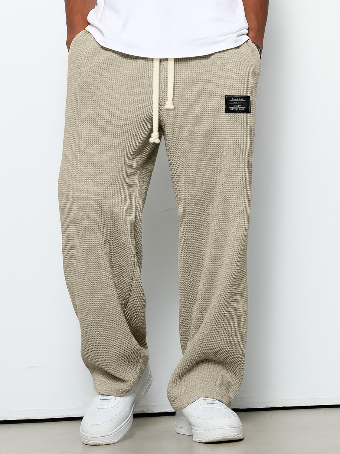 Men's Casual Waffle Embroidered Logo Simple Solid Color Trousers