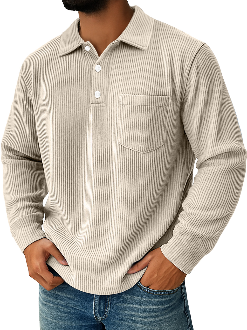 Men's Daily Ribbed Lapel Button-down Casual Pocket Long-sleeved Polo Shirt