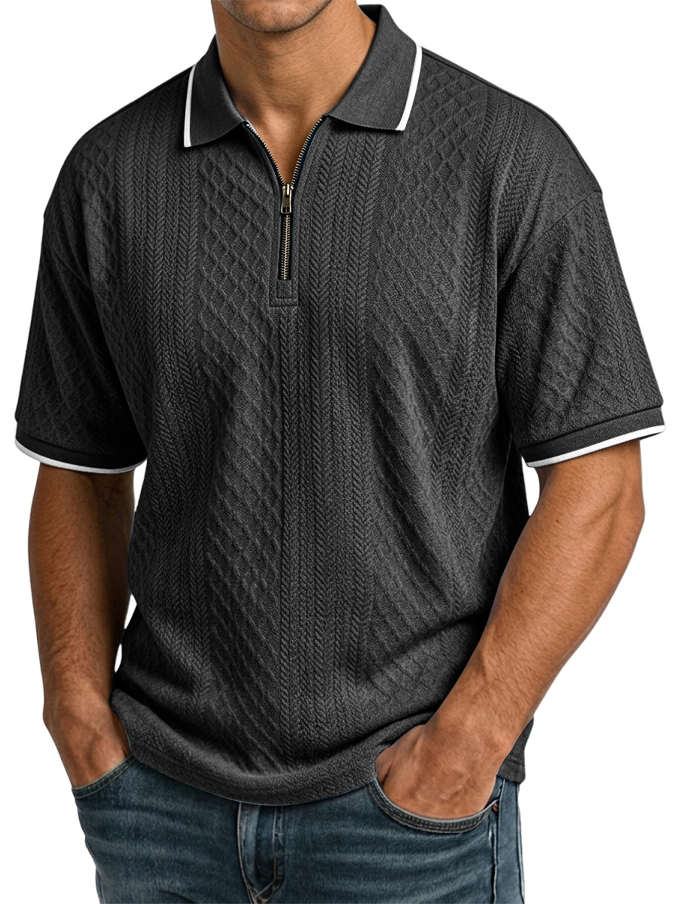 Men's Casual Jacquard Textured Collar Zipper Short-Sleeve Polo Shirt