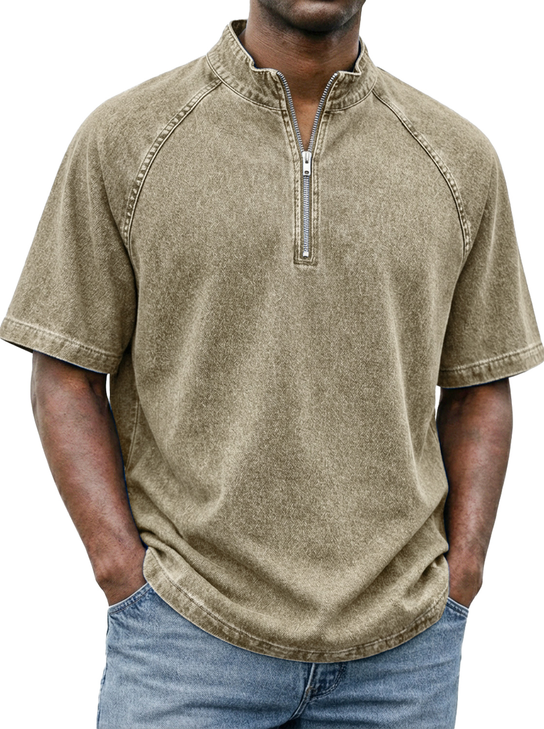 Men's Retro Raglan Sleeve Stand-collar Zip-up Casual Short-sleeved T-shirt