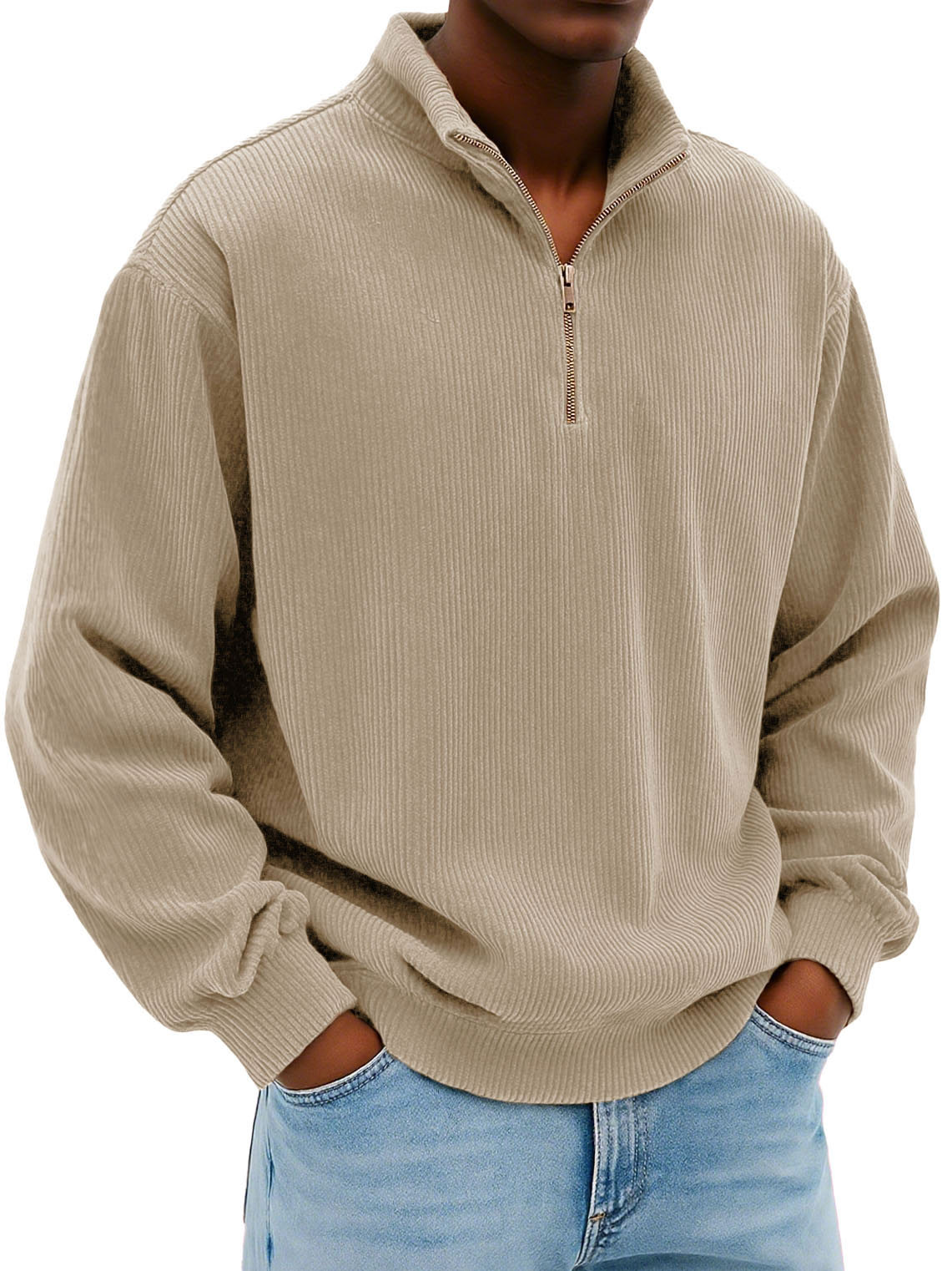 Men's Wear Fashionable Daily Casual Corduroy Pit Strip Fabric Long-sleeved Loose Stand-up Collar Sweater