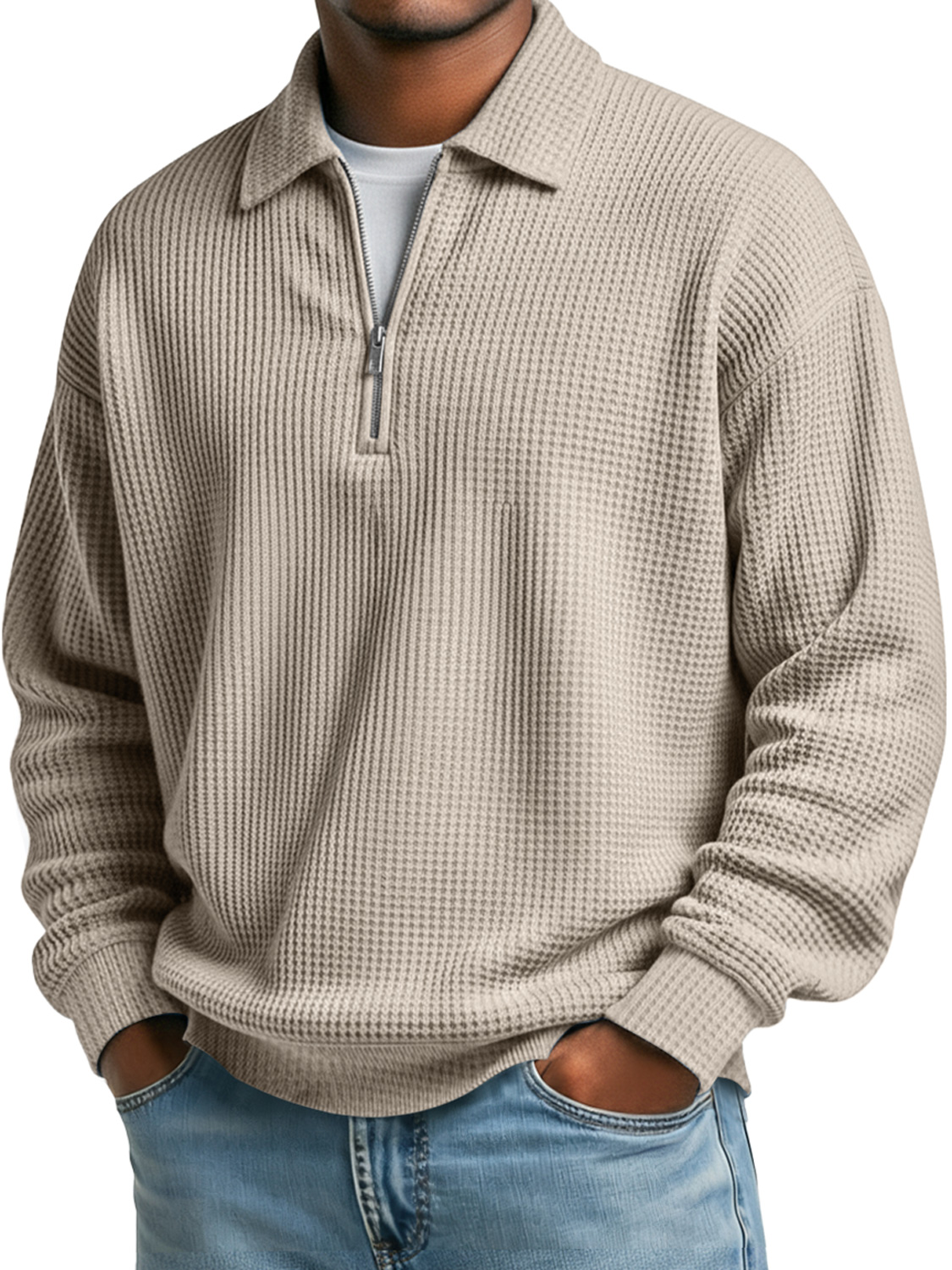 Simple Waffle Lapel Zipper Casual Solid Color Polo Shirt