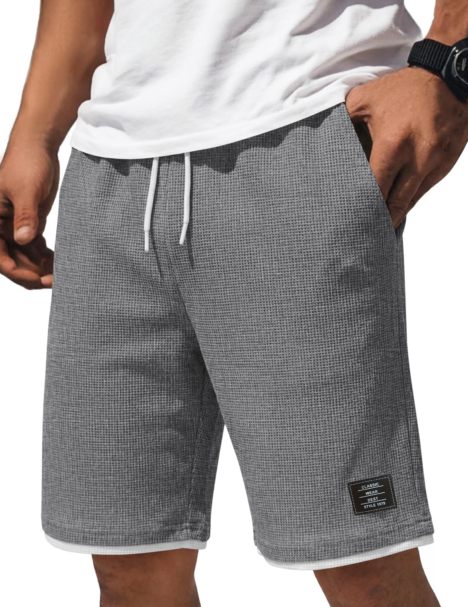 Men's Waffle-Knit Casual Shorts with Contrast Embroidery Logo