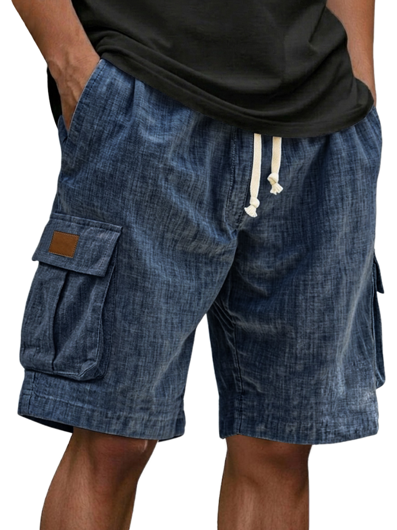 Men's Casual Linen Multi-pocket Embroidered Label Cargo Shorts