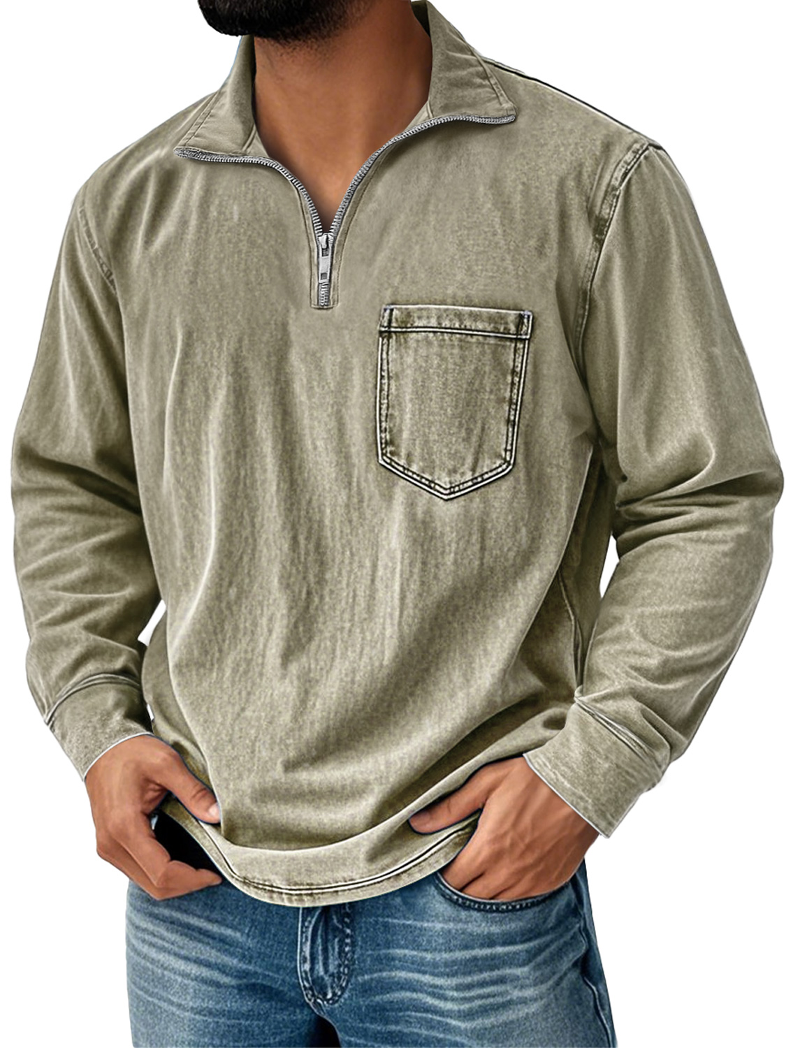 Men'sVintage Distressed Stand-up Collar Zipper Casual Solid Color Long-sleeved T-shirt