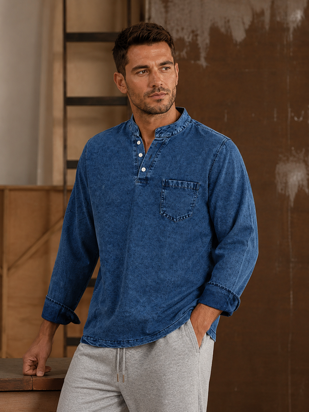 Men's Retro Stand Collar Pocket Casual Distressed Long Sleeve Henley Shirt