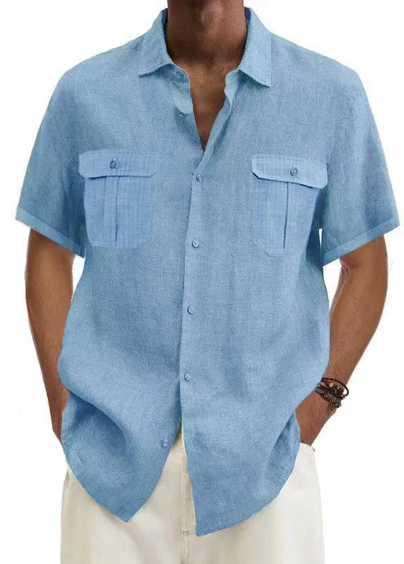 Mokaloha-Men's Solid Color Double Pocket Cotton Linen Casual Short Sleeve Shirt