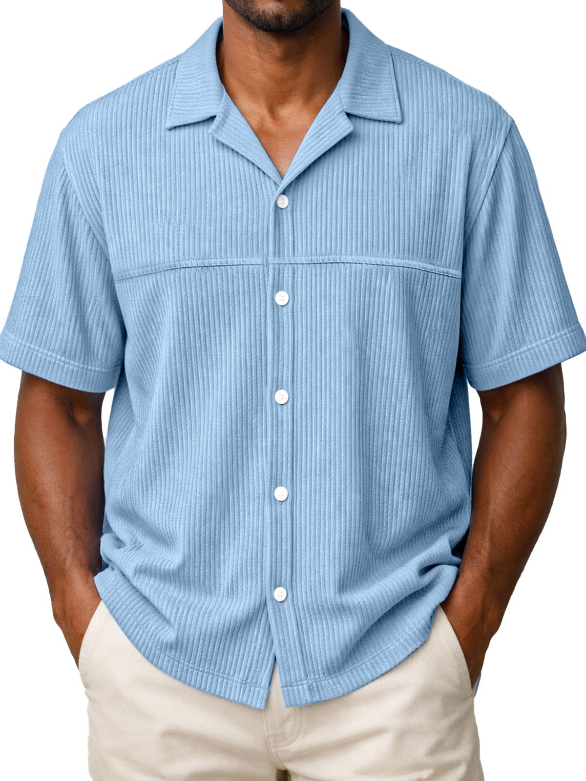 Men's Loose Solid Color Vertical Stripe Panel Design Short-sleeved Polo Shirt