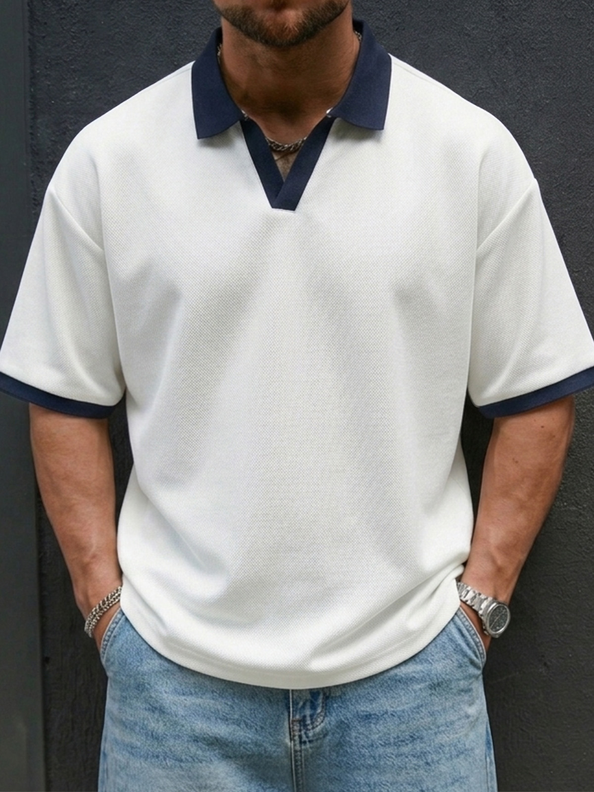 Men's Casual And Comfortable Contrast Color Seagull Collar Short Sleeve Polo Shirt