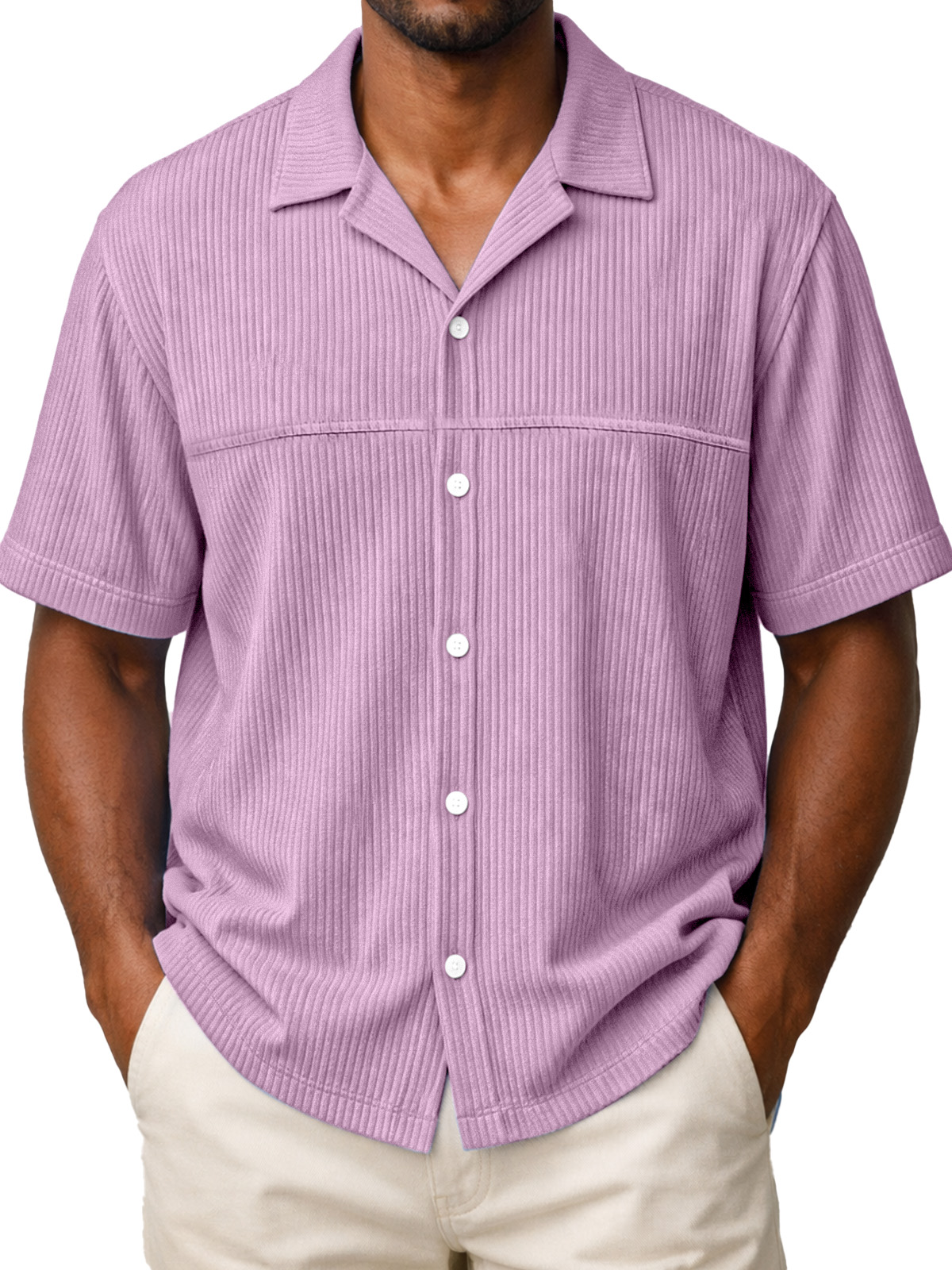 Men's Loose Solid Color Vertical Stripe Panel Design Short-sleeved Polo Shirt