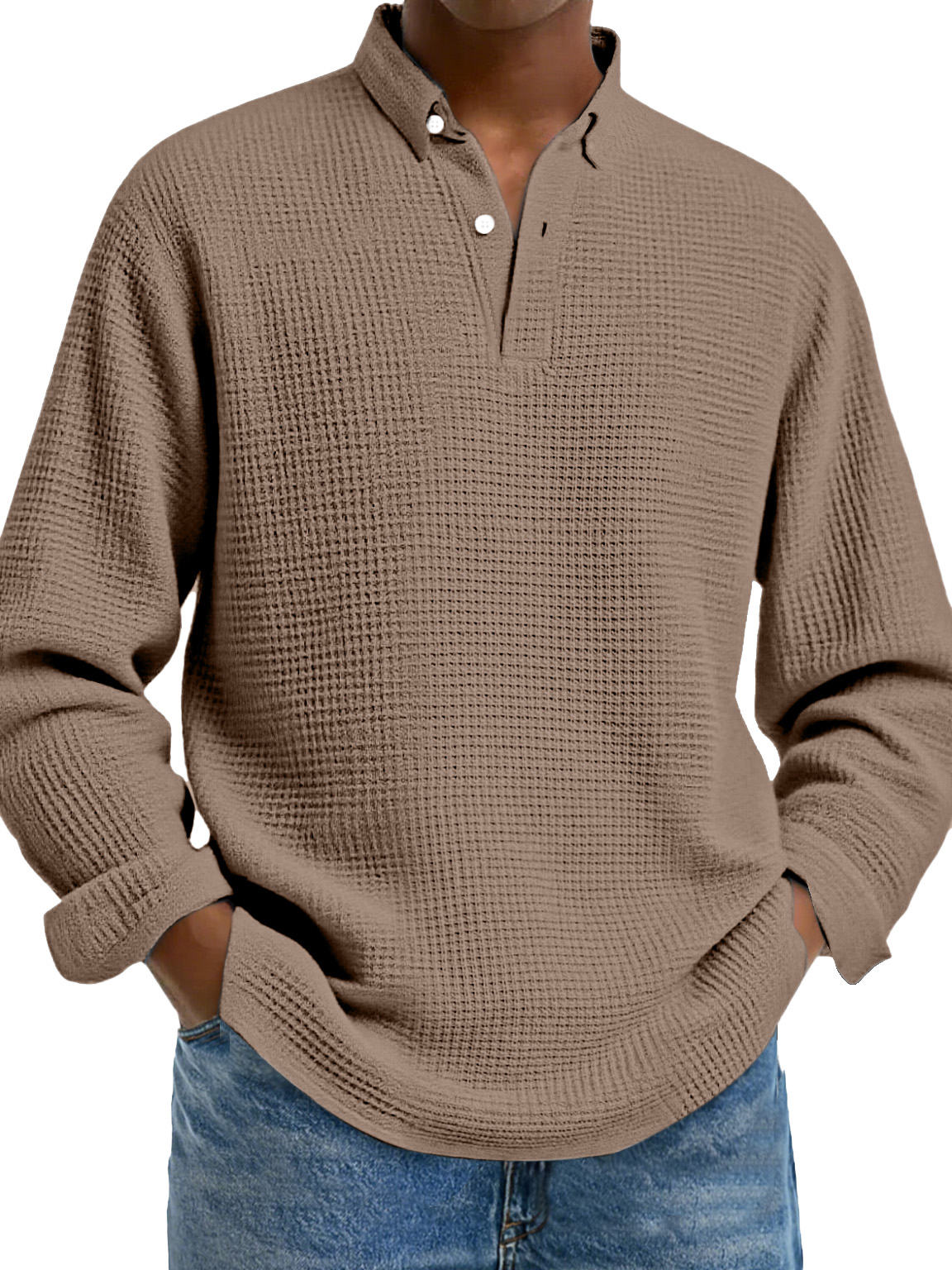 Men's Simple Solid Color Waffle Lapel Long Sleeve Polo Shirt