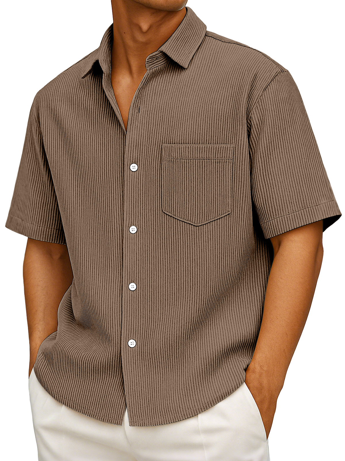 Men's Casual Simple Solid Color Vertical Pit Short-sleeved Button-down Shirt