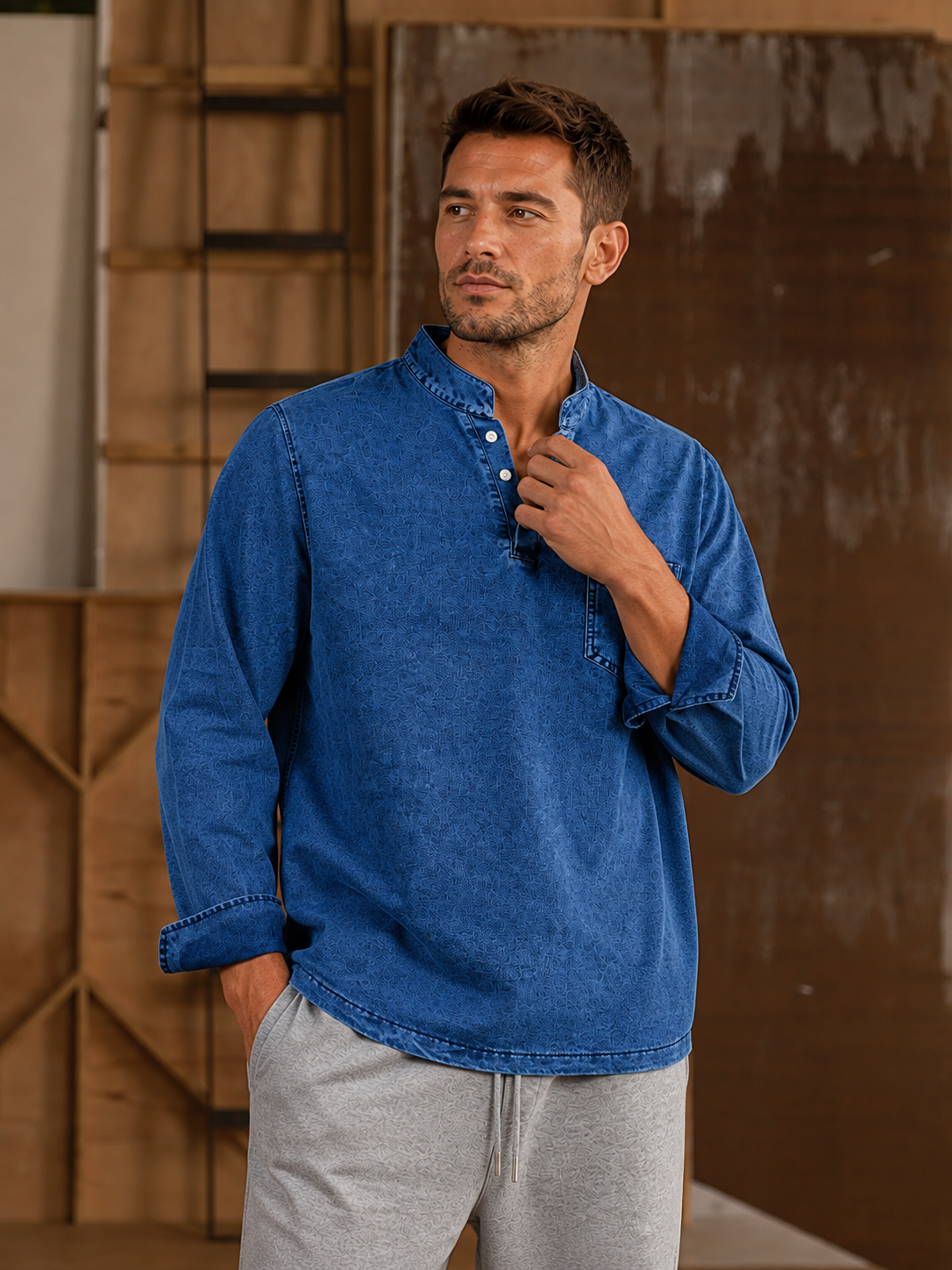 Men's Retro Stand Collar Pocket Casual Distressed Long Sleeve Henley Shirt