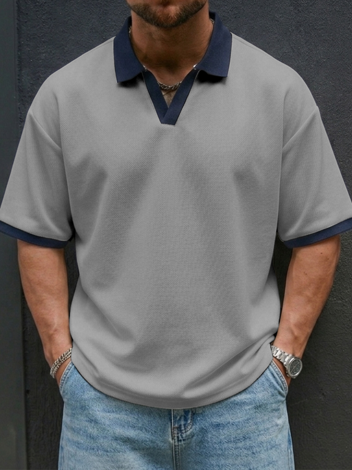 Men's Casual And Comfortable Contrast Color Seagull Collar Short Sleeve Polo Shirt