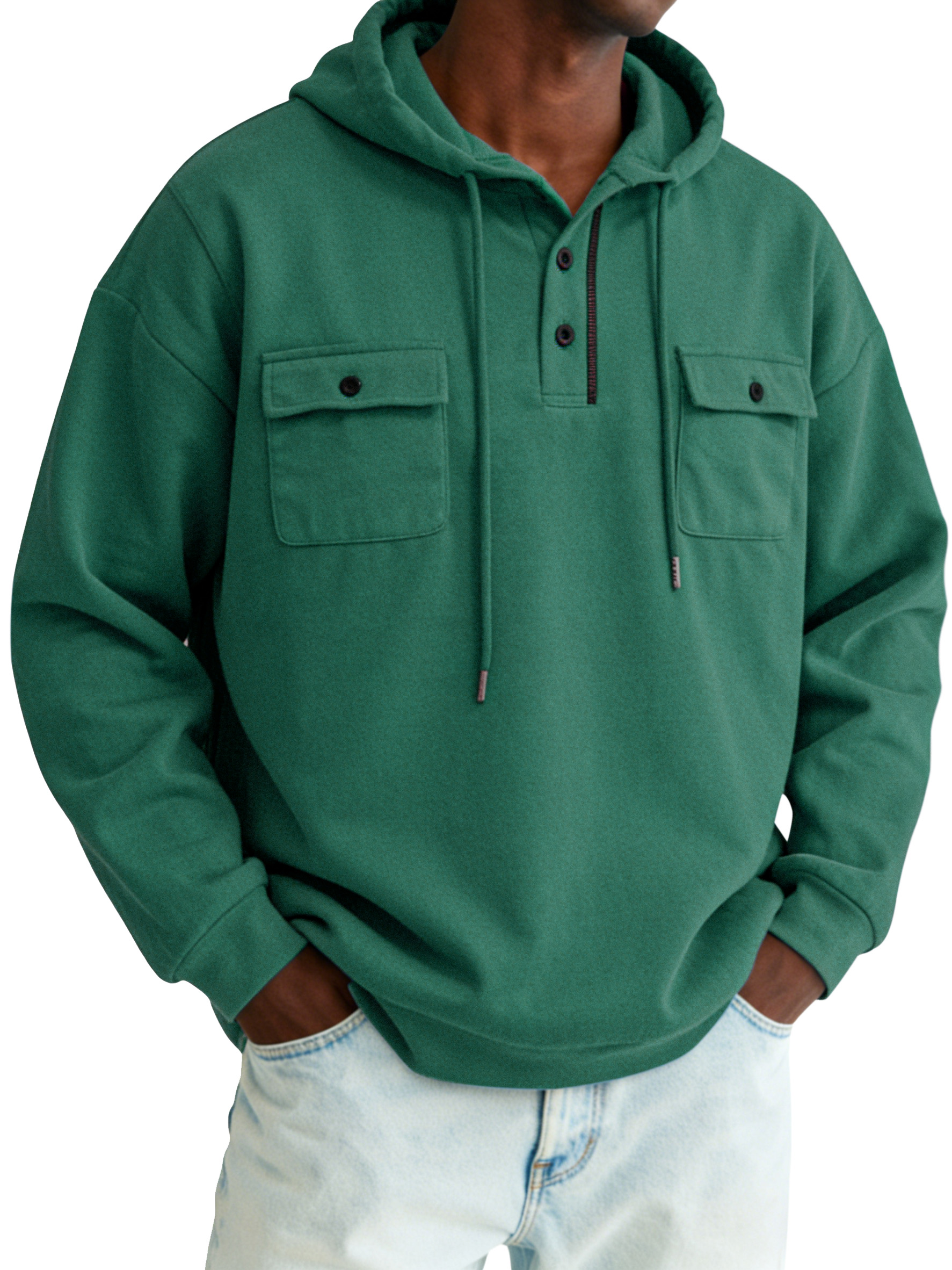 Men's simple and comfortable cotton buttoned hooded long-sleeve top