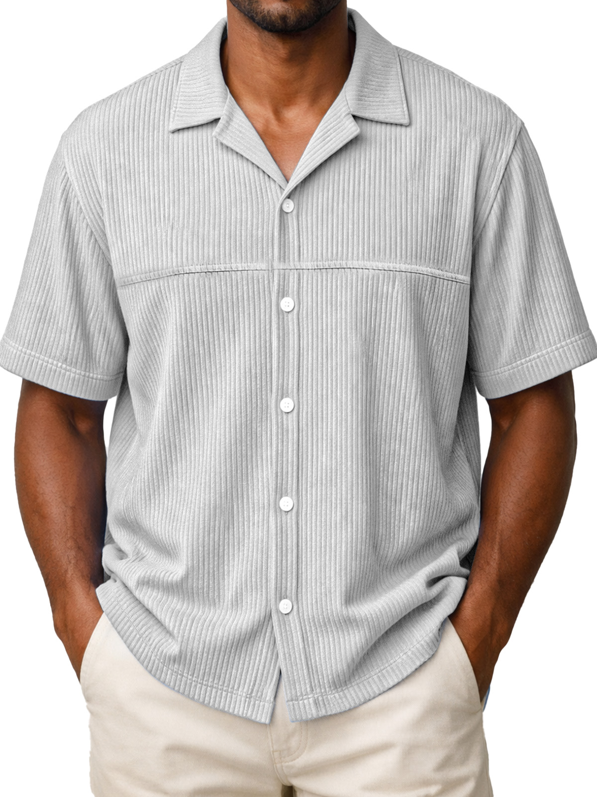 Men's Loose Solid Color Vertical Stripe Panel Design Short-sleeved Polo Shirt