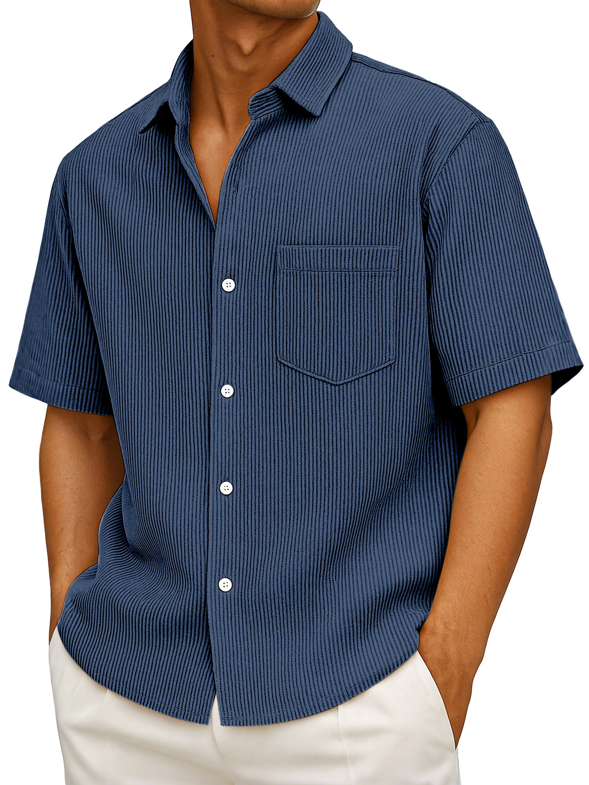 Men's Casual Simple Solid Color Vertical Pit Short-sleeved Button-down Shirt