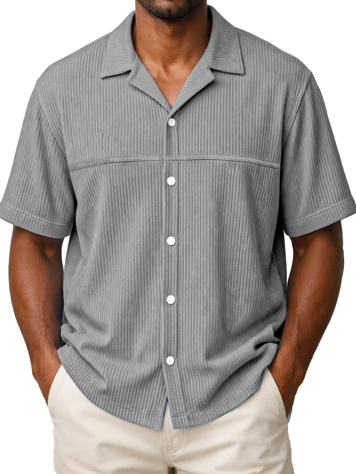 Men's Loose Solid Color Vertical Stripe Panel Design Short-sleeved Polo Shirt