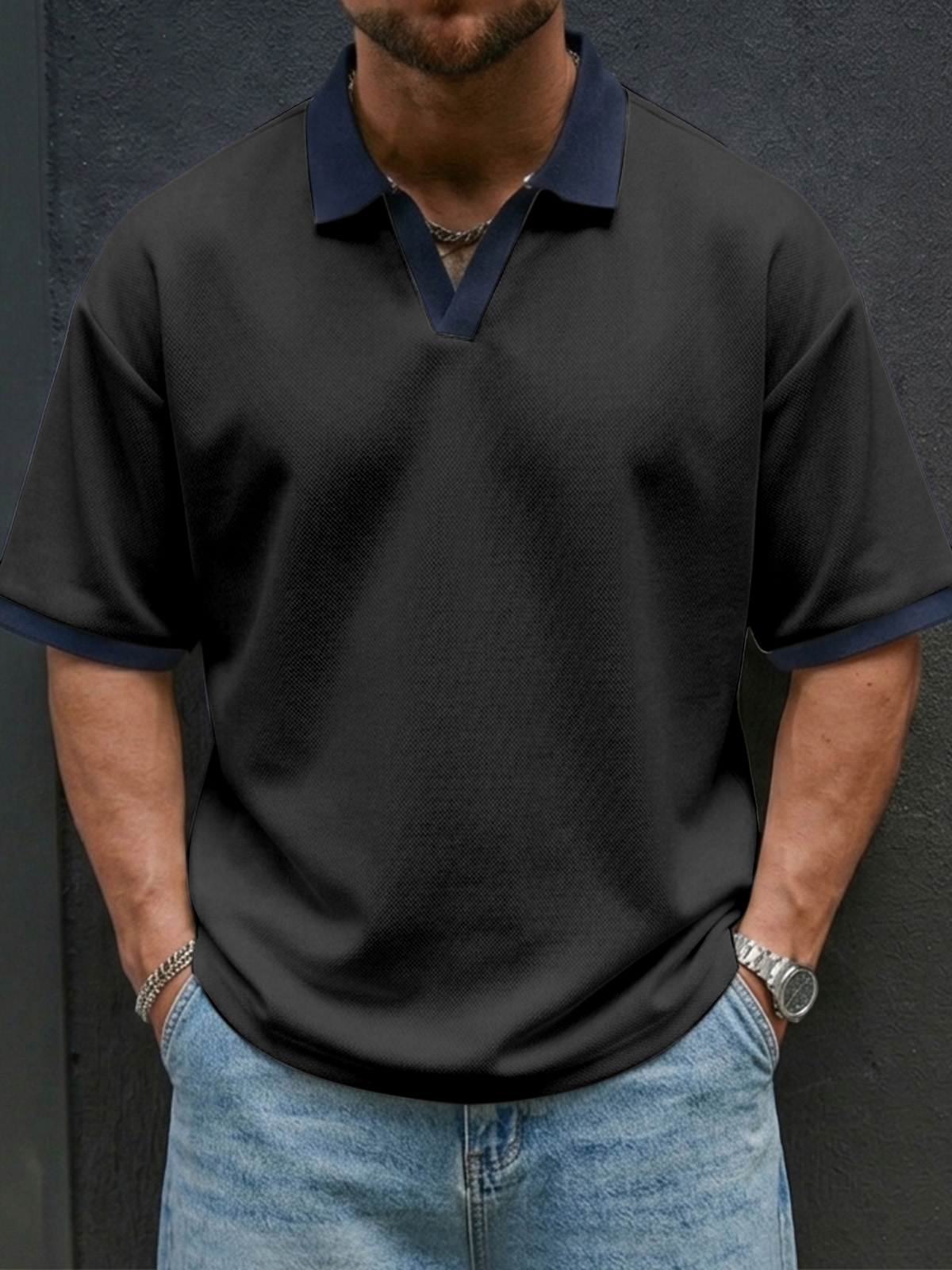 Men's Casual And Comfortable Contrast Color Seagull Collar Short Sleeve Polo Shirt