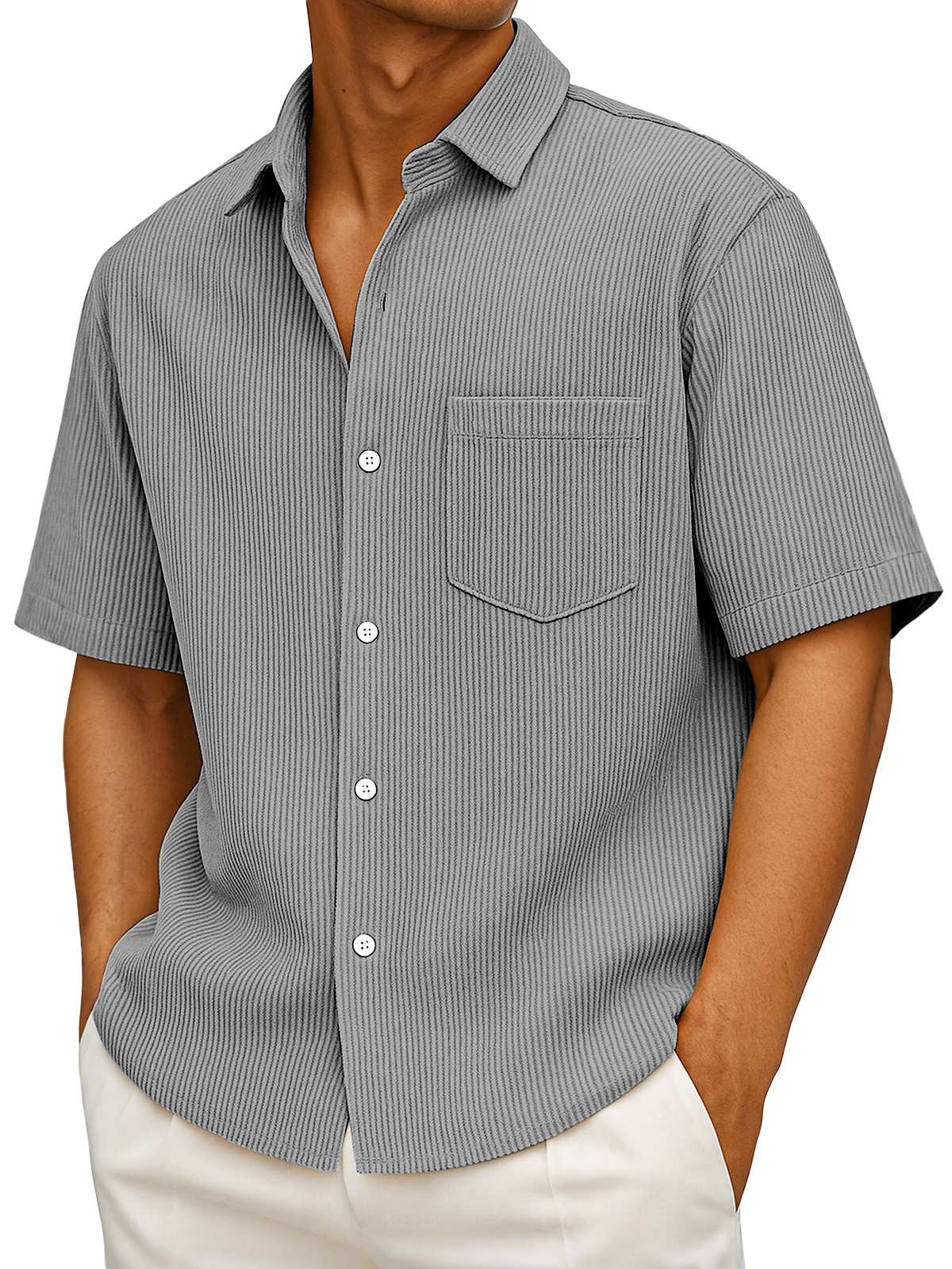 Men's Casual Simple Solid Color Vertical Pit Short-sleeved Button-down Shirt