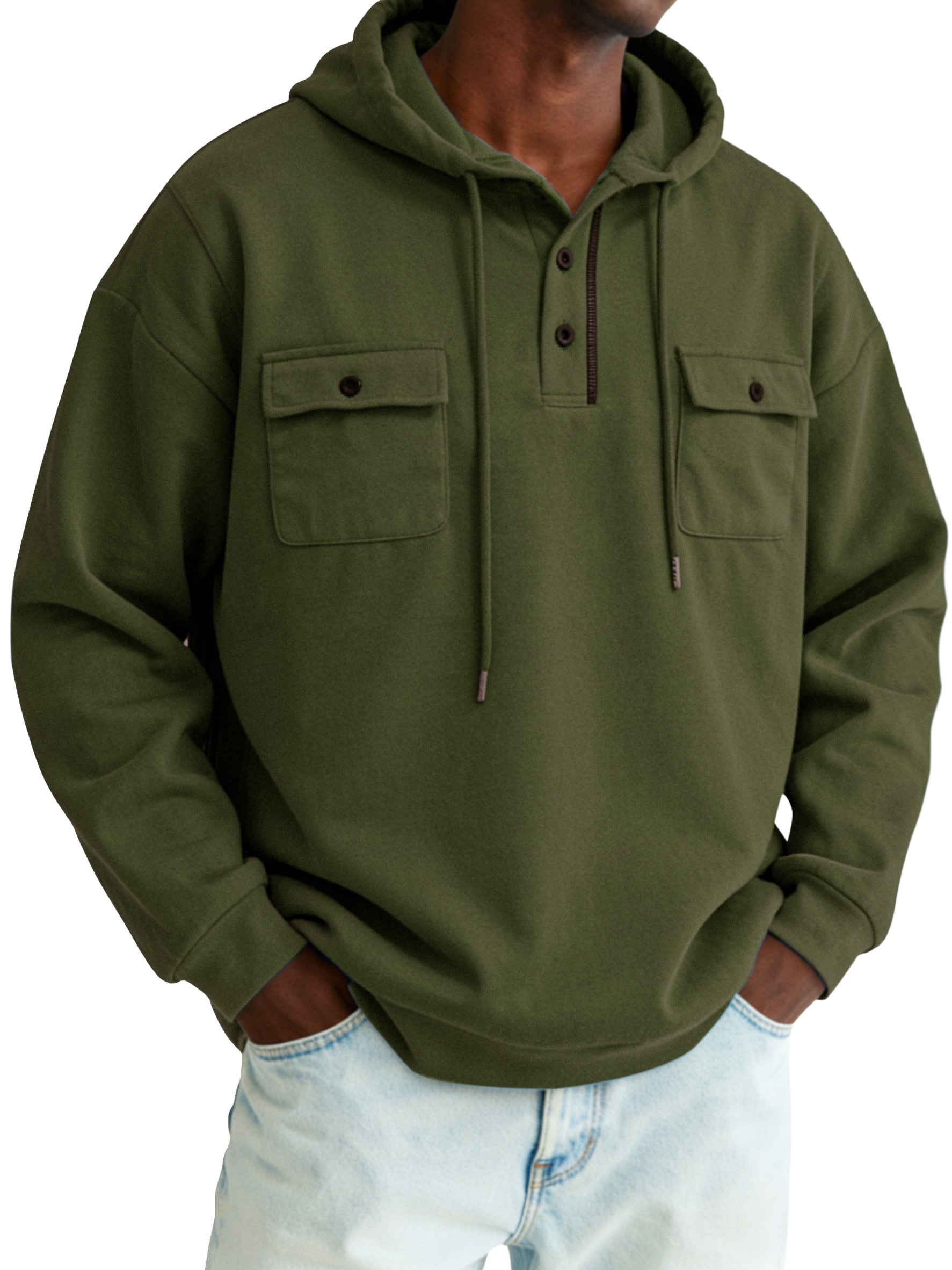 Men's simple and comfortable cotton buttoned hooded long-sleeve top