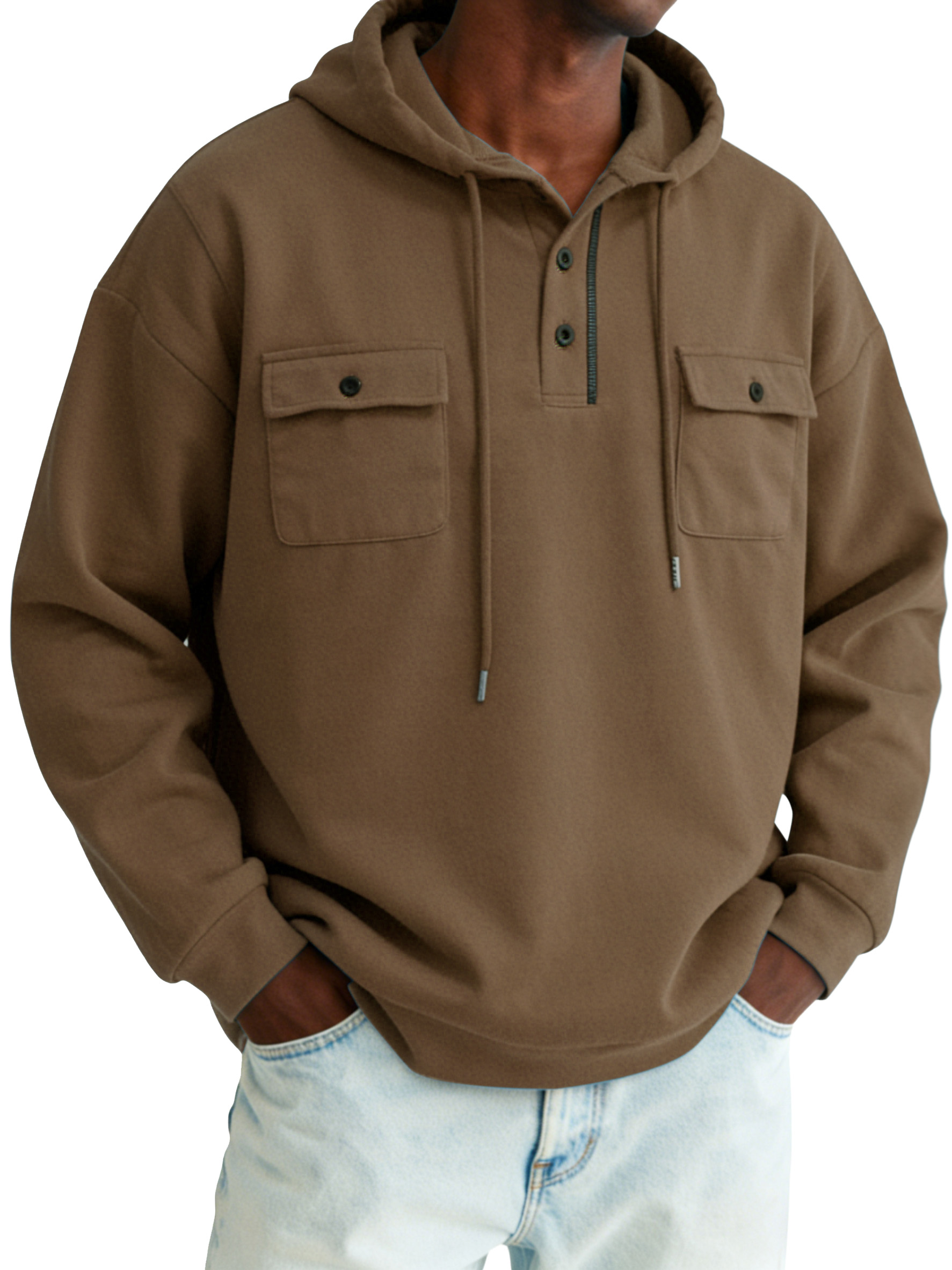Men's simple and comfortable cotton buttoned hooded long-sleeve top