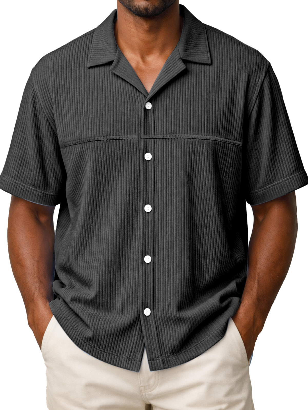 Men's Loose Solid Color Vertical Stripe Panel Design Short-sleeved Polo Shirt